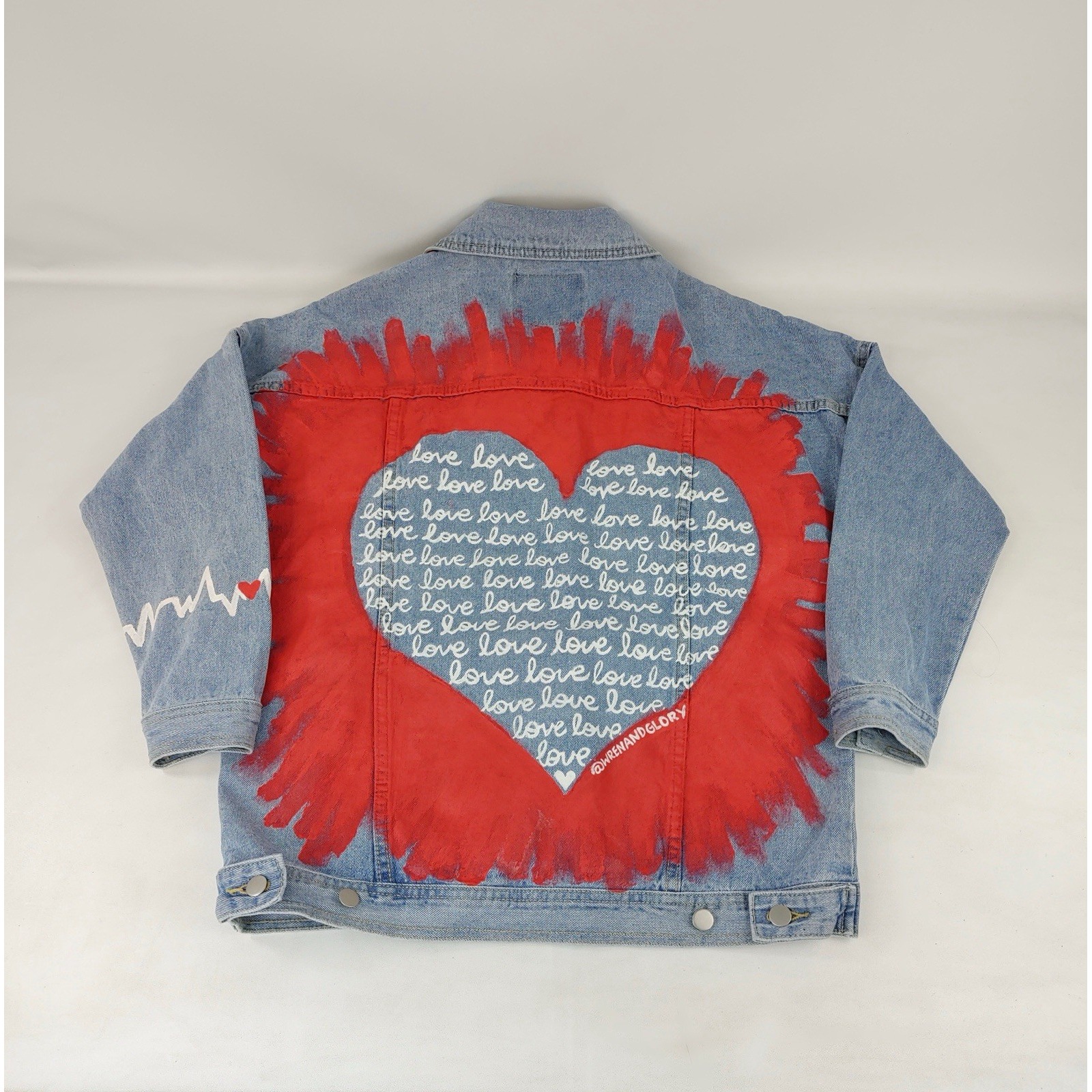 Wren And Glory Jacket Size L Denim Hand Painted Love Hearts Artsy Art To Wear