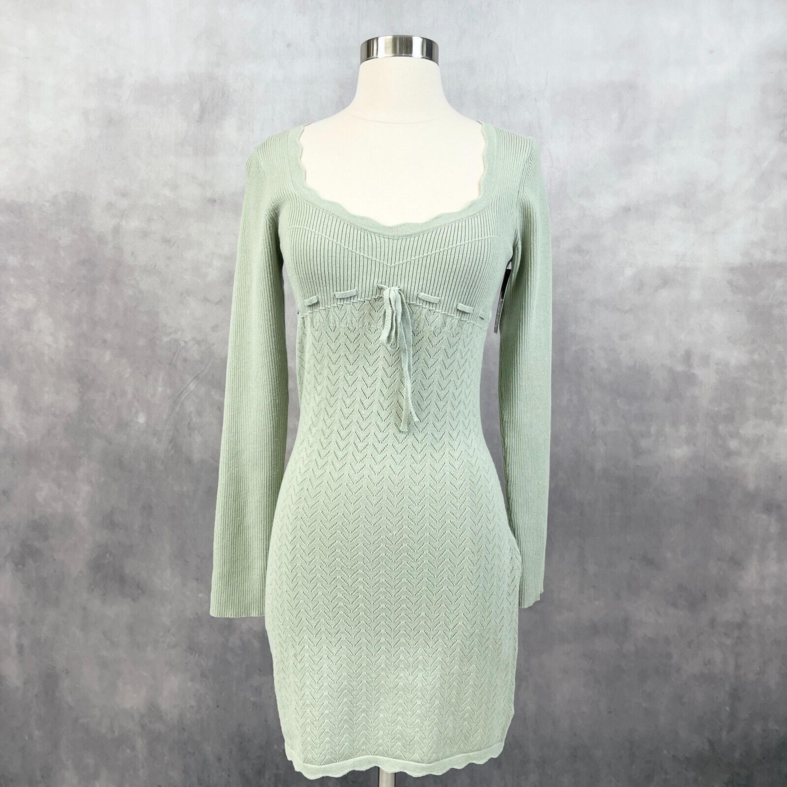 Justify Babydoll Sweater Dress Mini Size Large Pointelle Green Y2K Twee Retro