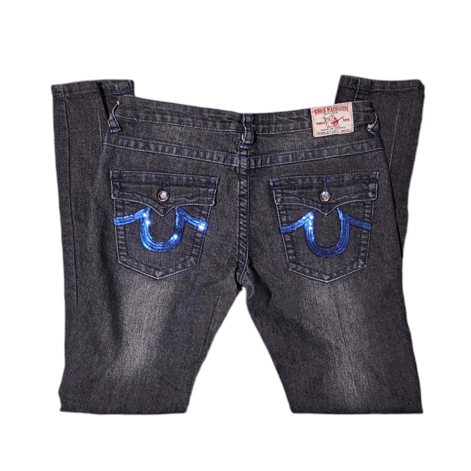 TRUE RELIGION Blue Sequined Horseshoe Skinny Jeans Womens Size 31