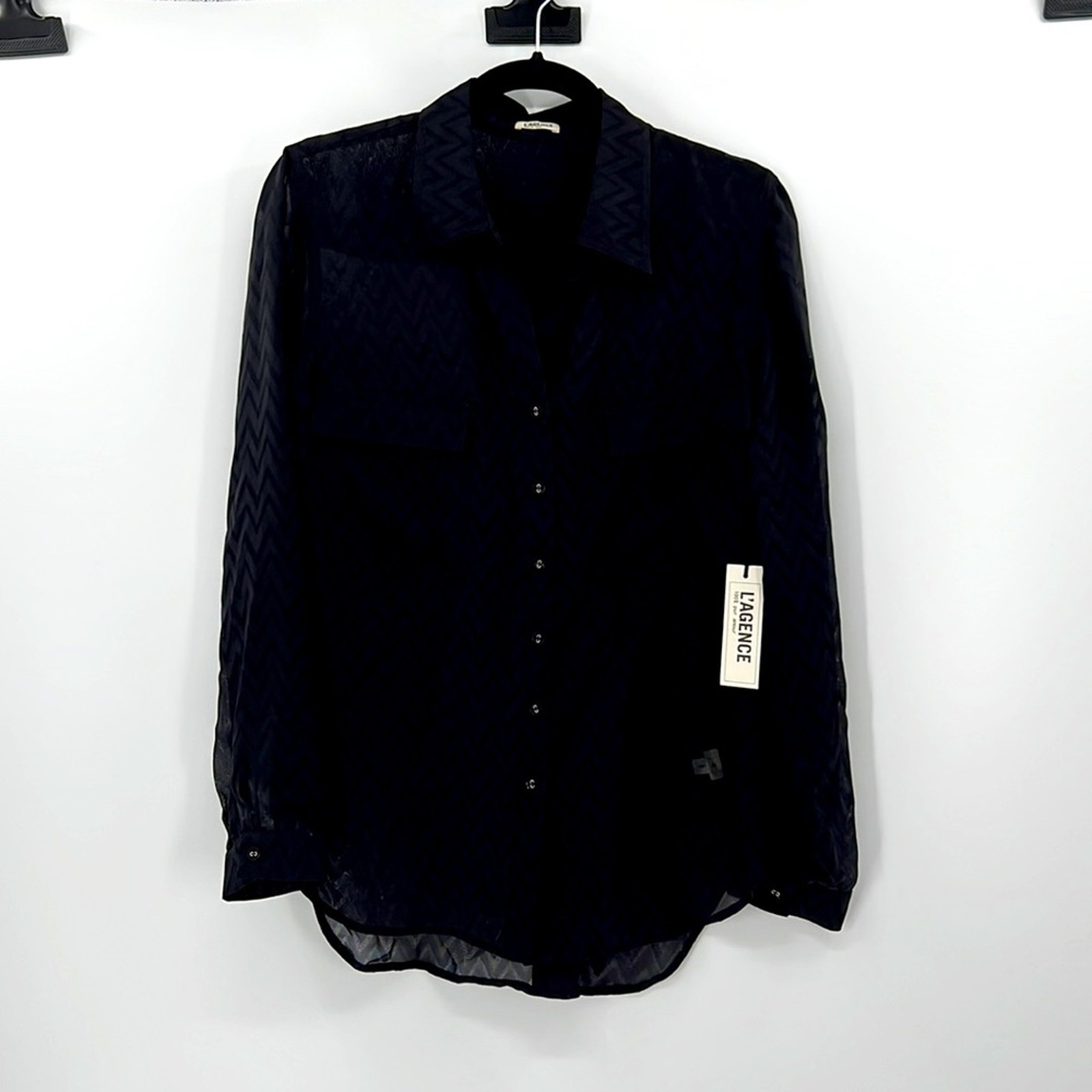 L'AGENCE Semi-Sheer Chevron Long Sleeve Button Down - Black - 4 - New with tags