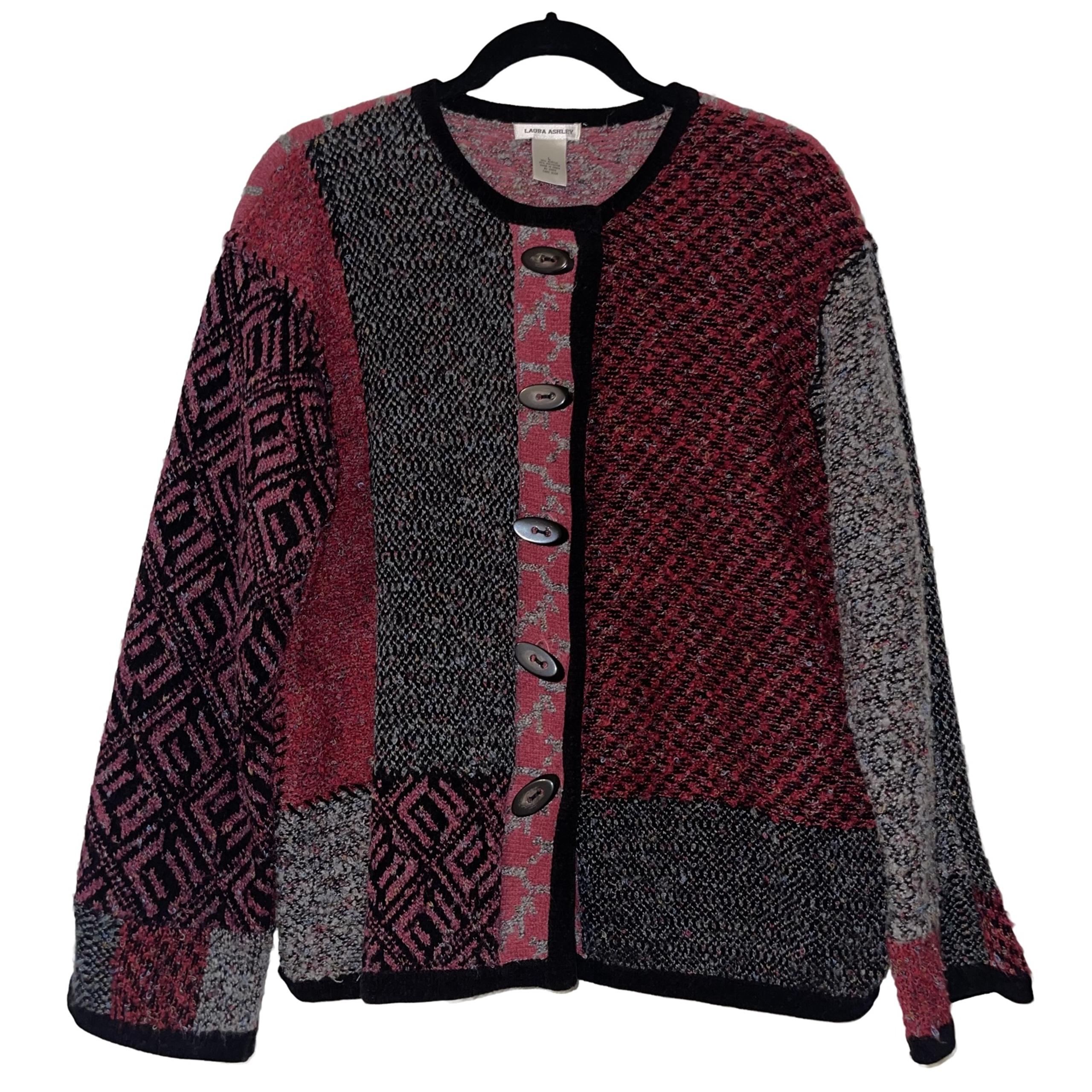 Laura Ashley Vintage Women’s Size L Pink Black Patchwork Patterned Knit Sweater