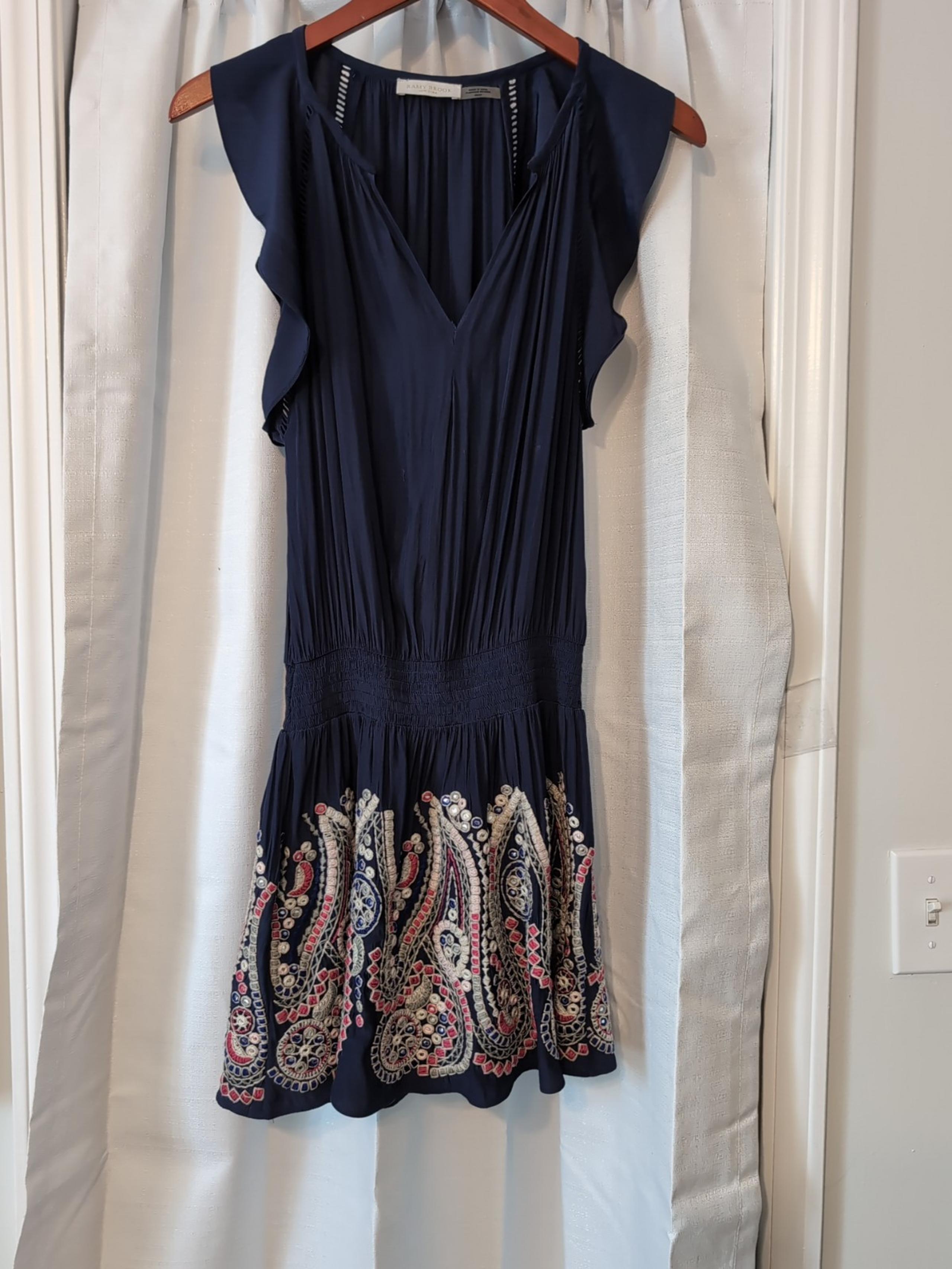 Ramy Brook Navy VNeck Flutter Sleeves Smocked Waist Intricate Stitching Dress XS