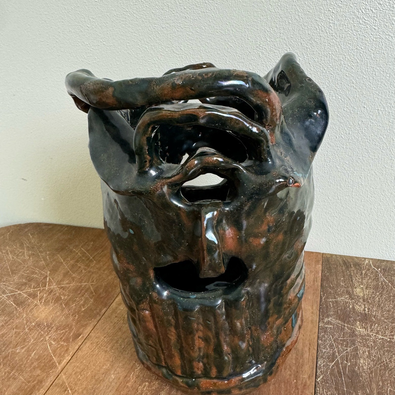 Vintage studio art Double face abstract red clay unmarked decorative vase