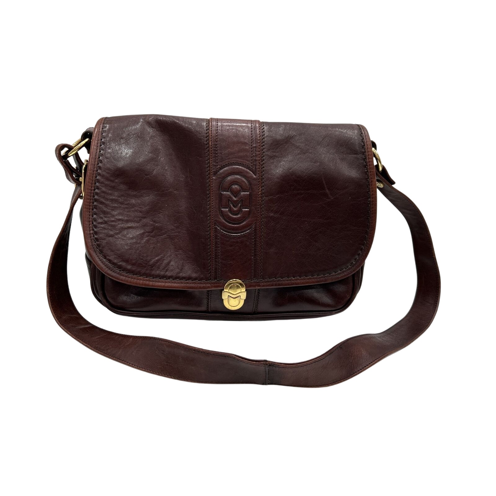 Vintage Marino Orlandi Cognac Brown Leather Shoulder Hand Bag Purse Strap Plaid