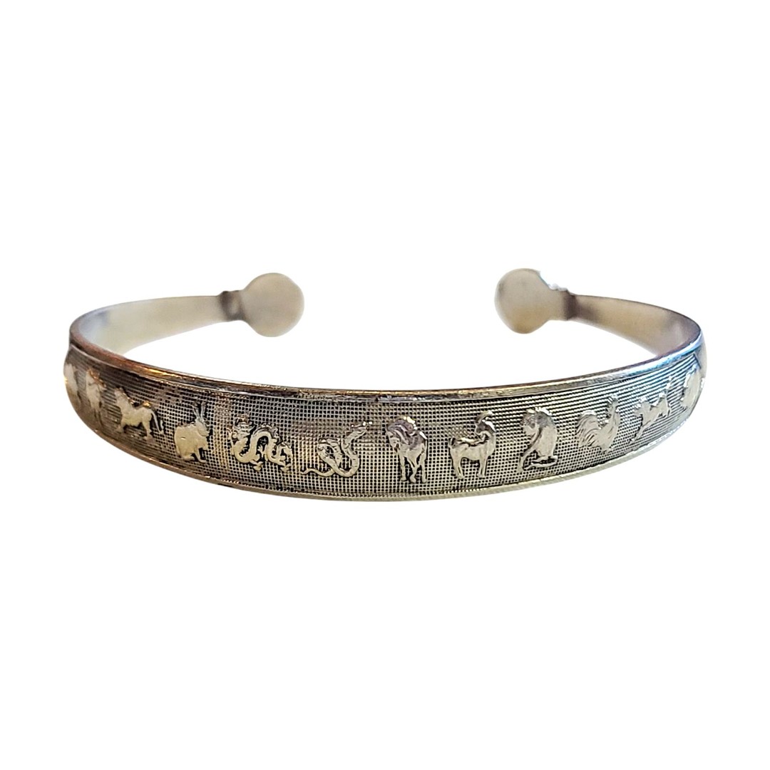 Vintage Chinese Zodiac 925 Sterling Silver 12 Detailed Animal Cuff Bracelet