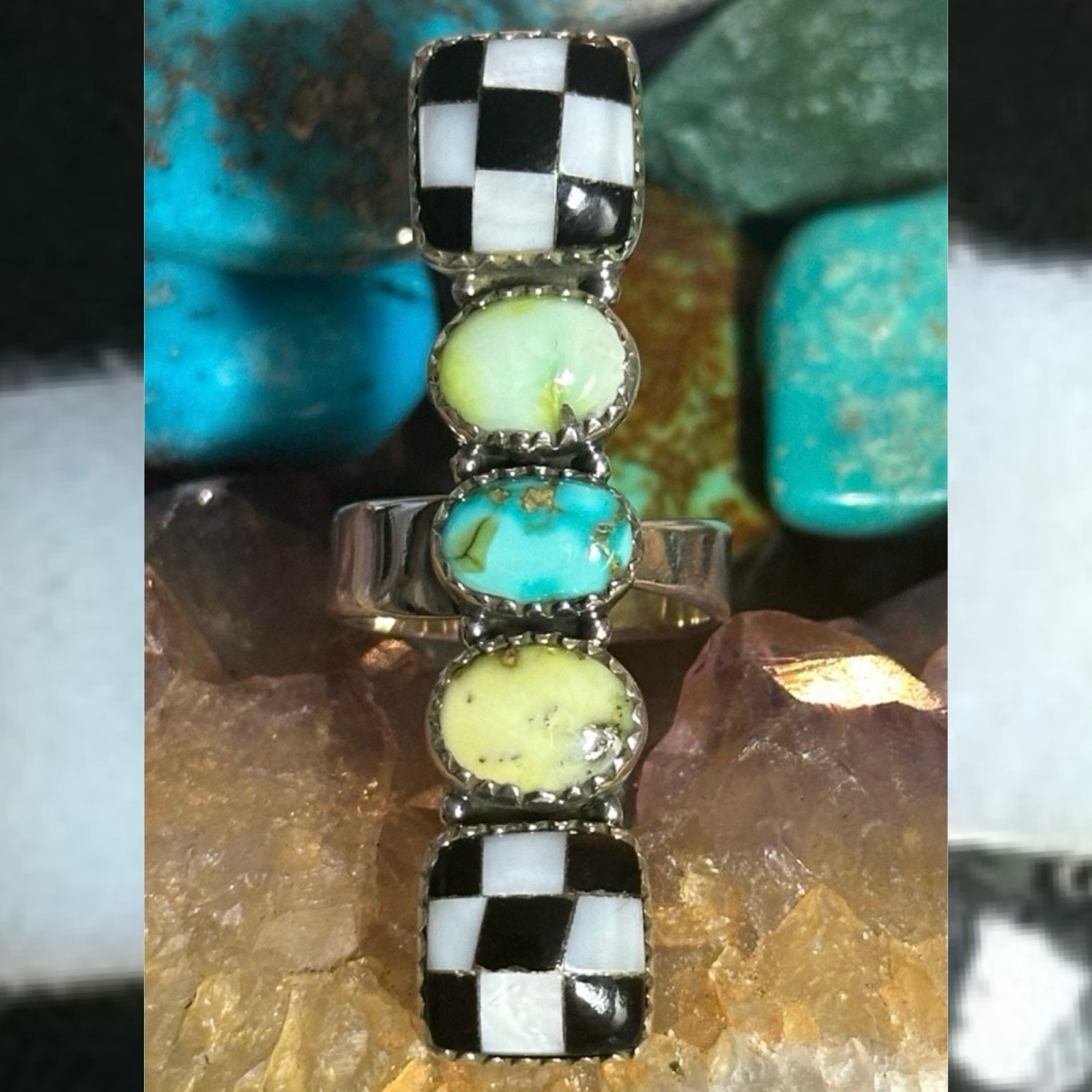 Sonoran Gold Palomino Turquoise checkerboard sterling silver ring