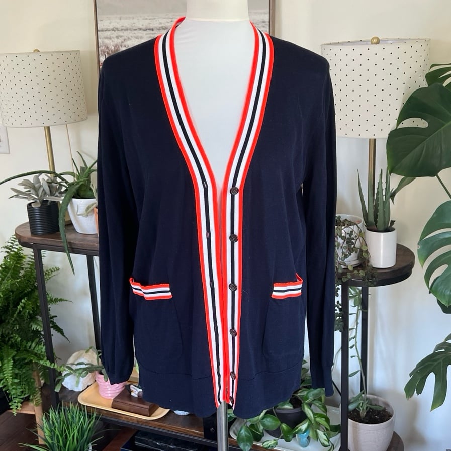 J.Crew Navy Cardigan w/ Neon Orange & White Stripe Accent Detail M New!
