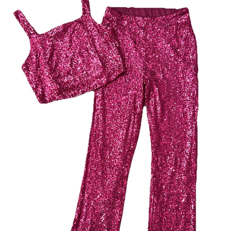Rachel Zoe Pink Sequin Pants Crop Top 2pc Outfit Set Women's S