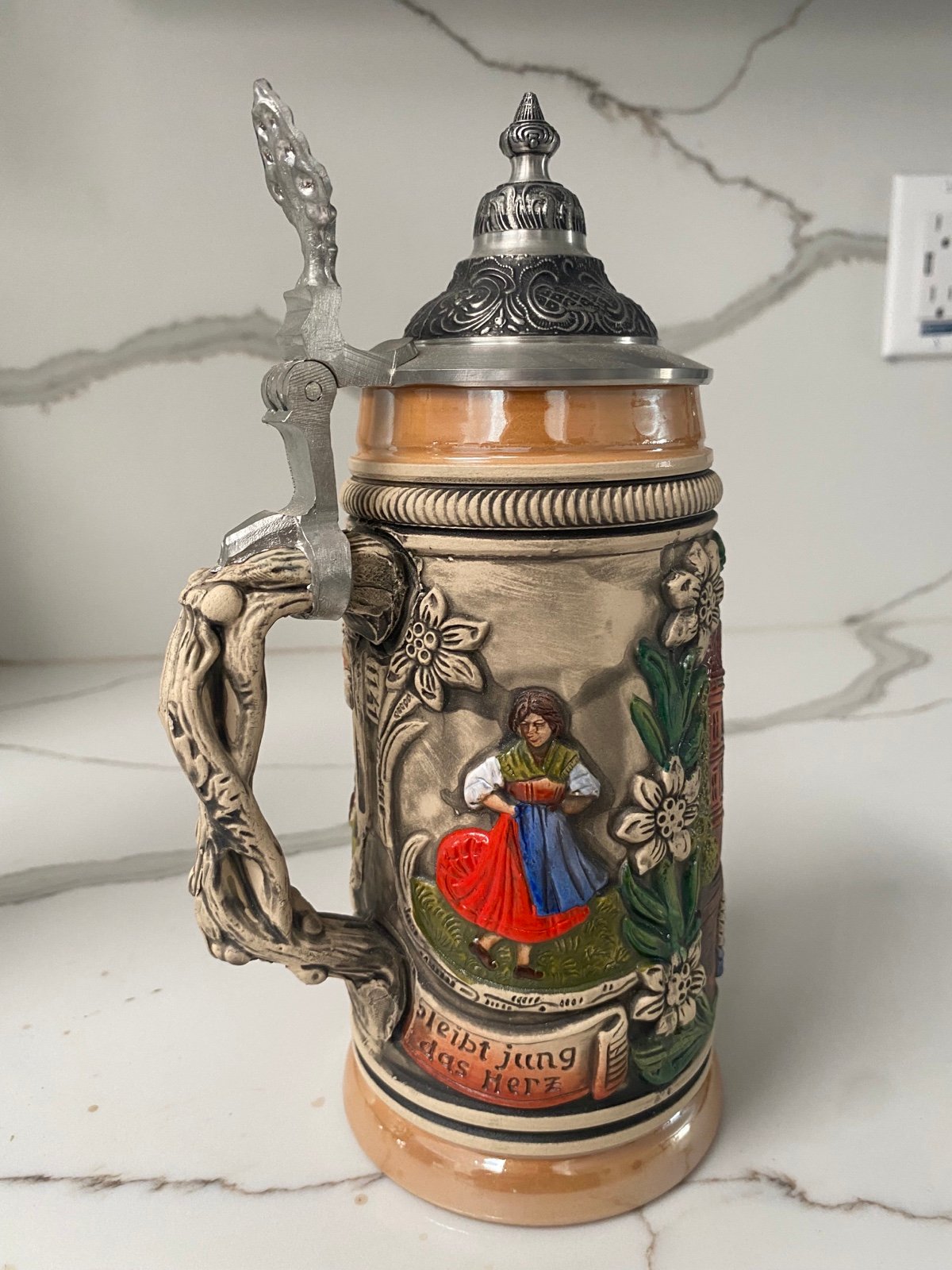 Vintage GERZ Lidded German Beer Stein 11” Beitanz Bleibtjung Und Scherz