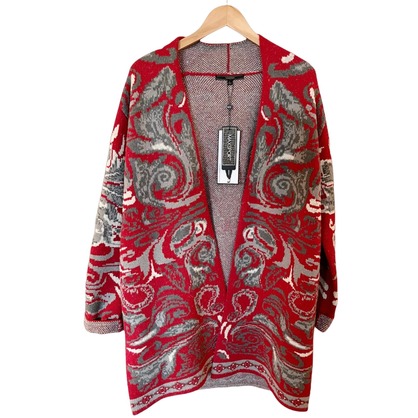 MAXSPORT Long Cardigan Open Red Gray Paisley Floral Knit Sweater Pockets L NWT