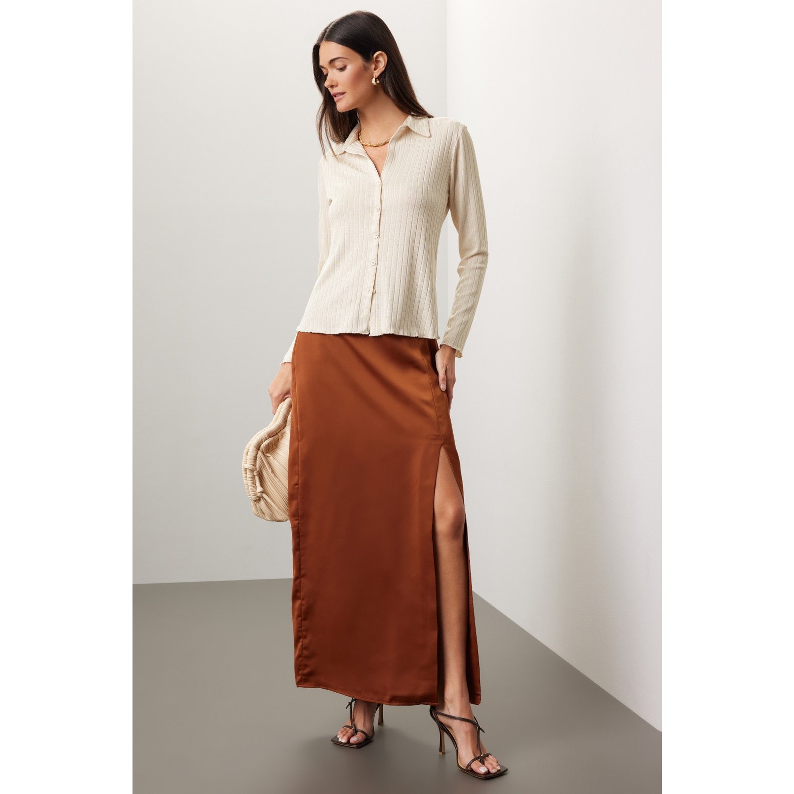 Club Monaco Trycia Brown Slit Satin Bias Midi Skirt Size 6