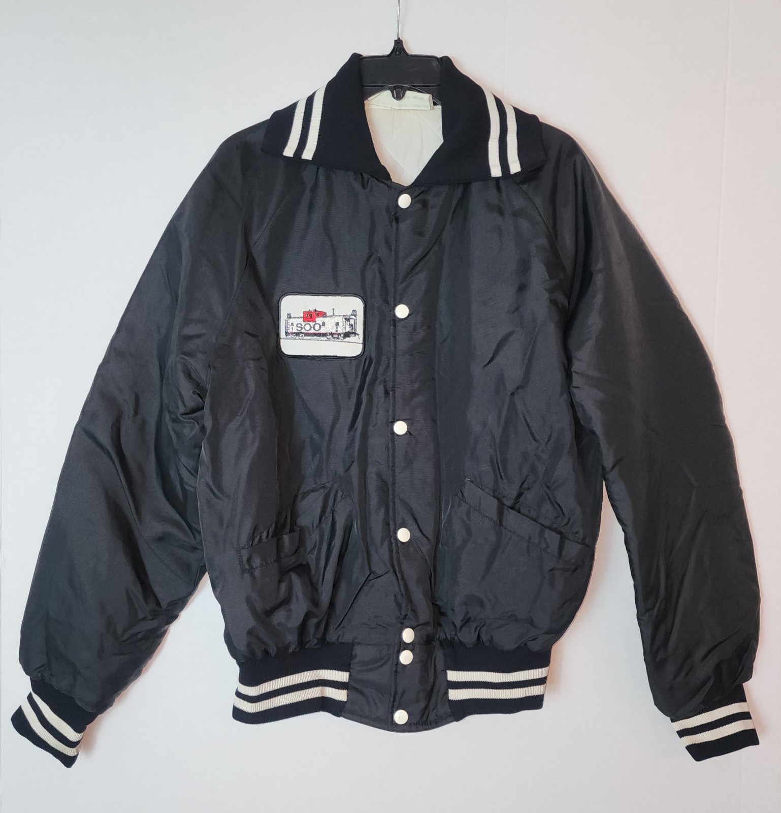 Vintage 80s SOO Train Railroad Mens Large Black Nylon Bomber Jacket By Holloway