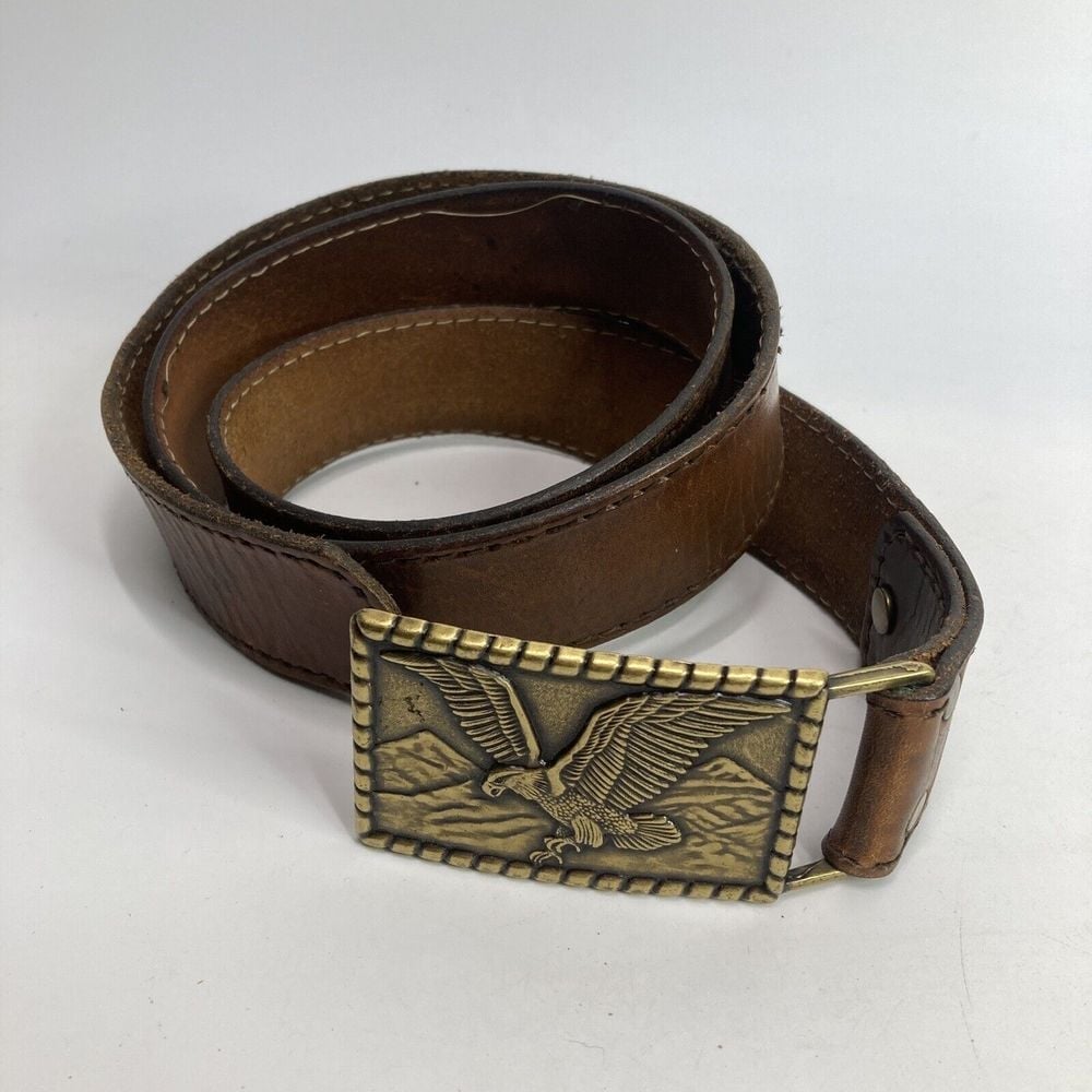 Vintage Flying Eagle Buckle and Leather Belt Solid Brass Brown length 47 Mens