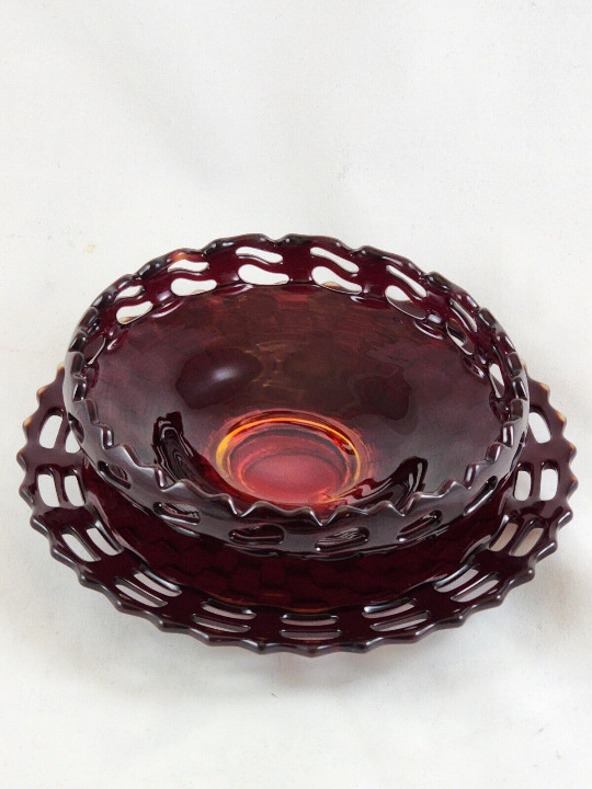 Antique Fenton Handmade Ruby Red Basket Weave Pattern With Open Edge Bowl/Plate
