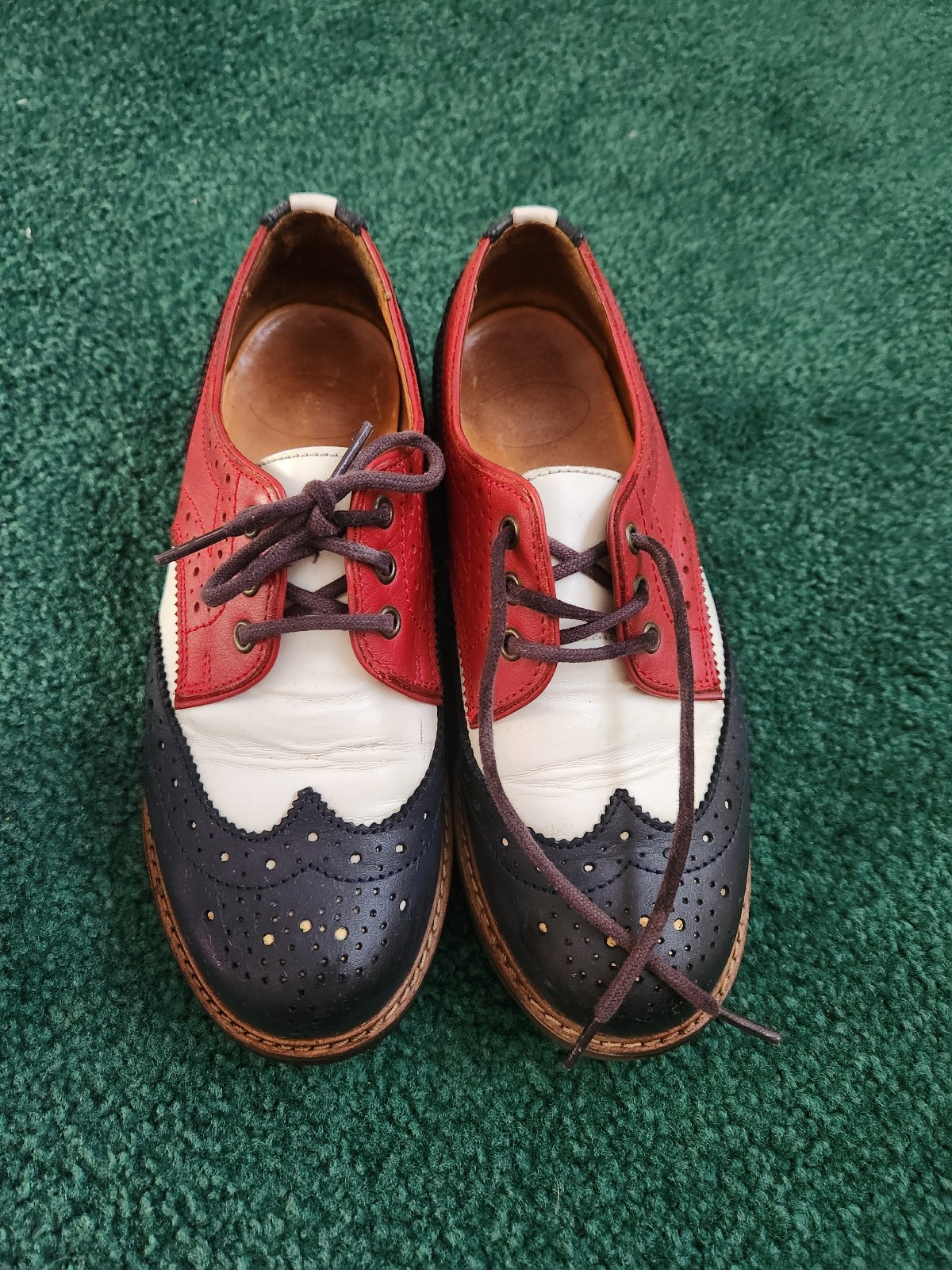 John Fluevog Shoes Womens Wing Tip Derby Red White Blue 7th Heaven