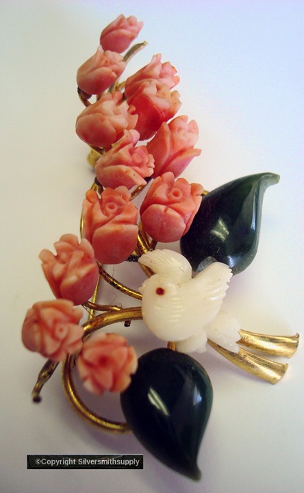 Angel Skin Coral Floral Bouquet with Jade Leaves GP Brooch- Estate Find! FJ016