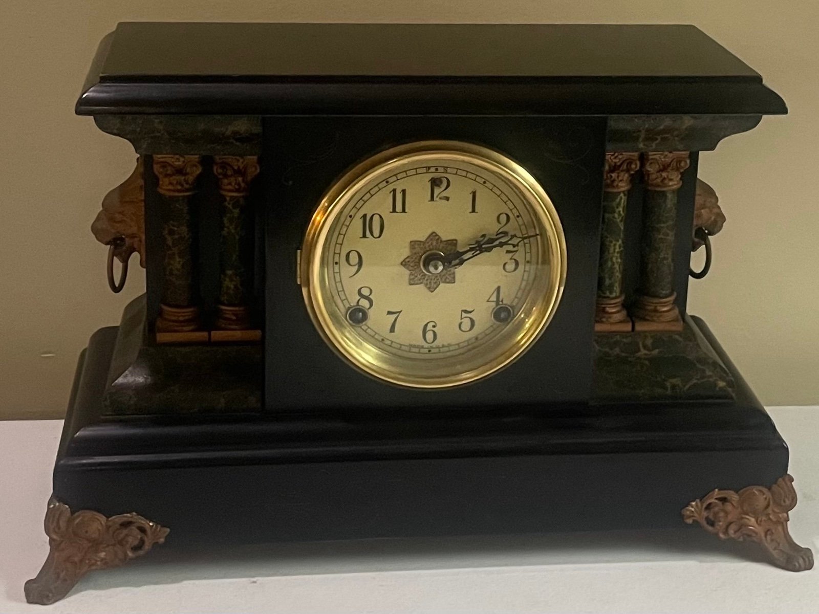 Antique Genuine Sessions Mantle 4 Pillars Art Deco Gong Chime Clock Lion Heads