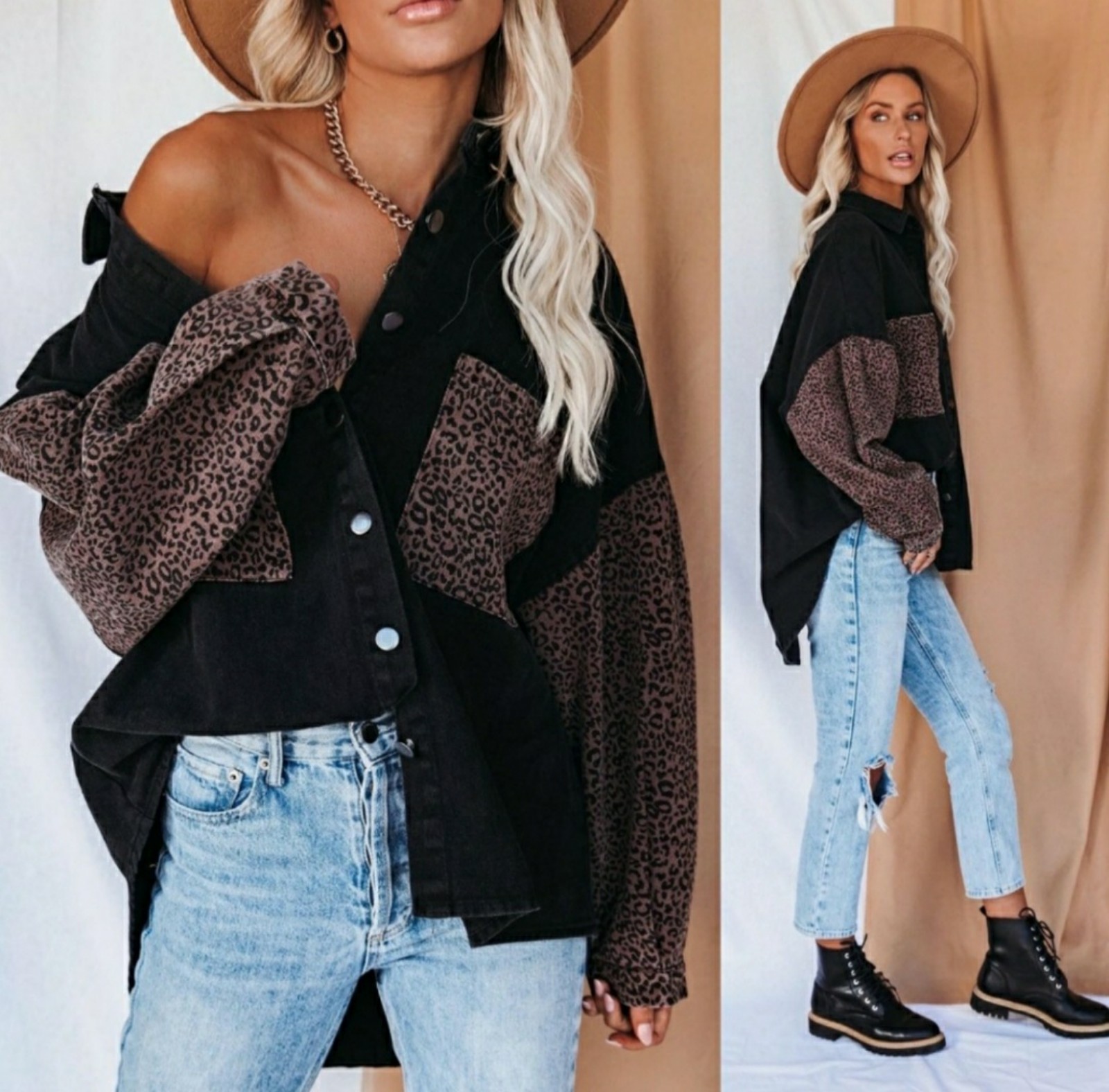 VICI COLLECTION SPICE IT UP CONTRAST LEOPARD DENIM JACKET