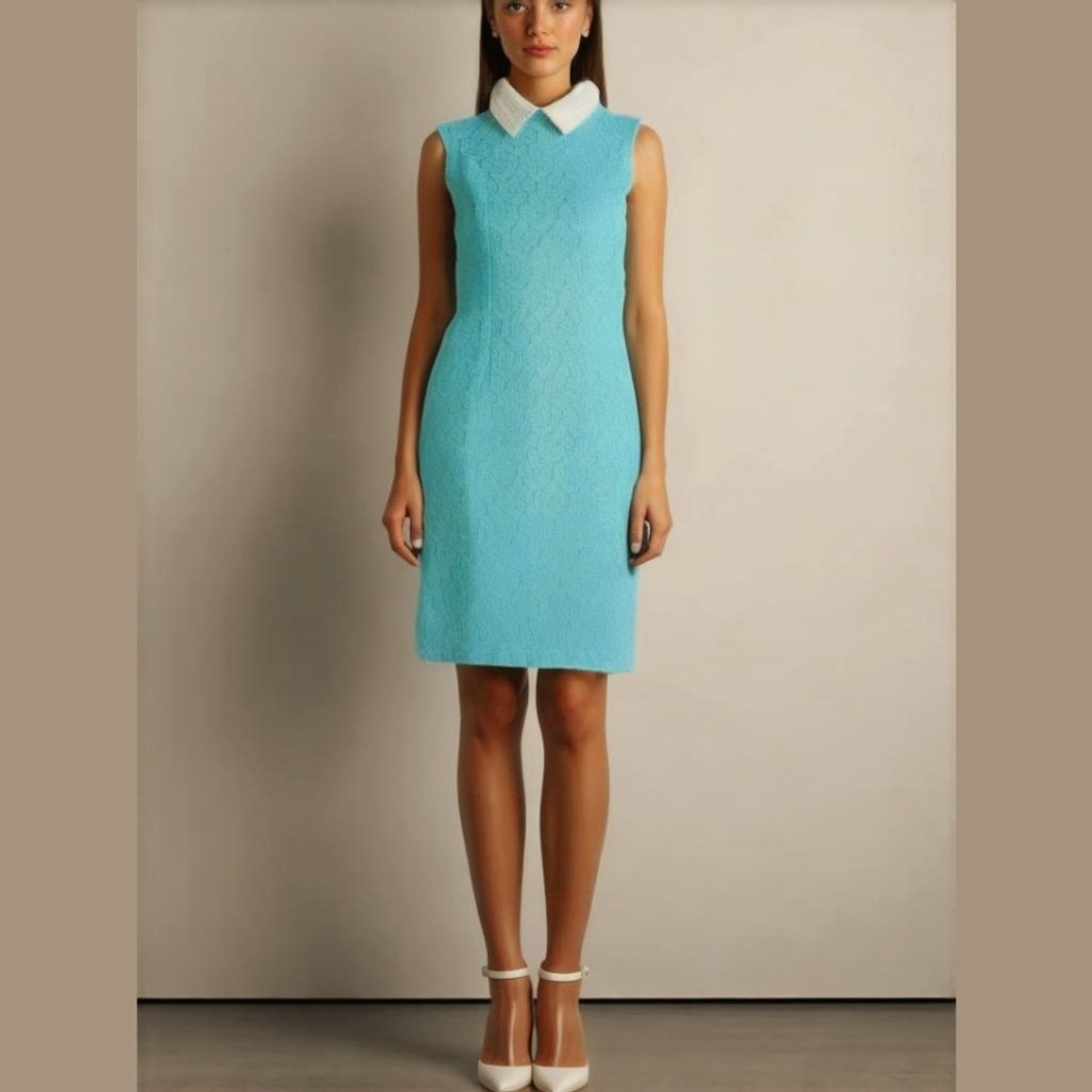 Vintage 1960s Aqua Paisley Brocade Shift Dress with Pearl Collar