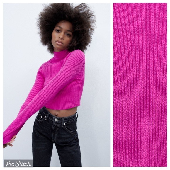 NWOT. Zara Pink Cropped Mock Neck Sweater. Size M.