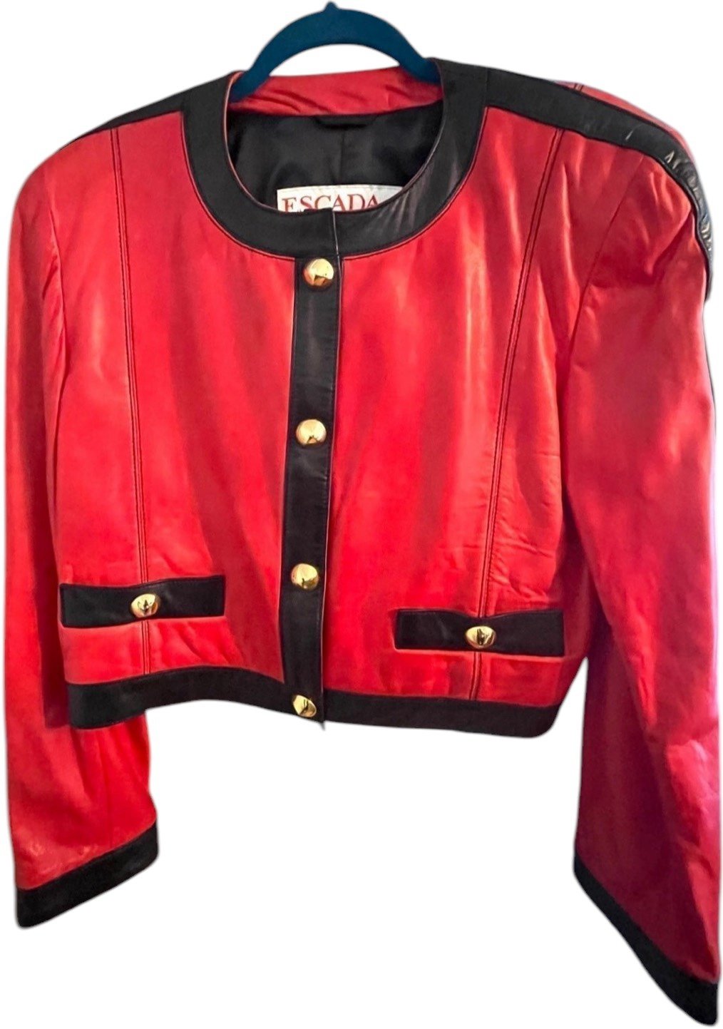Vintage Escada Red and Black Leather Jacket with Gold Studs by Margaretha Ley