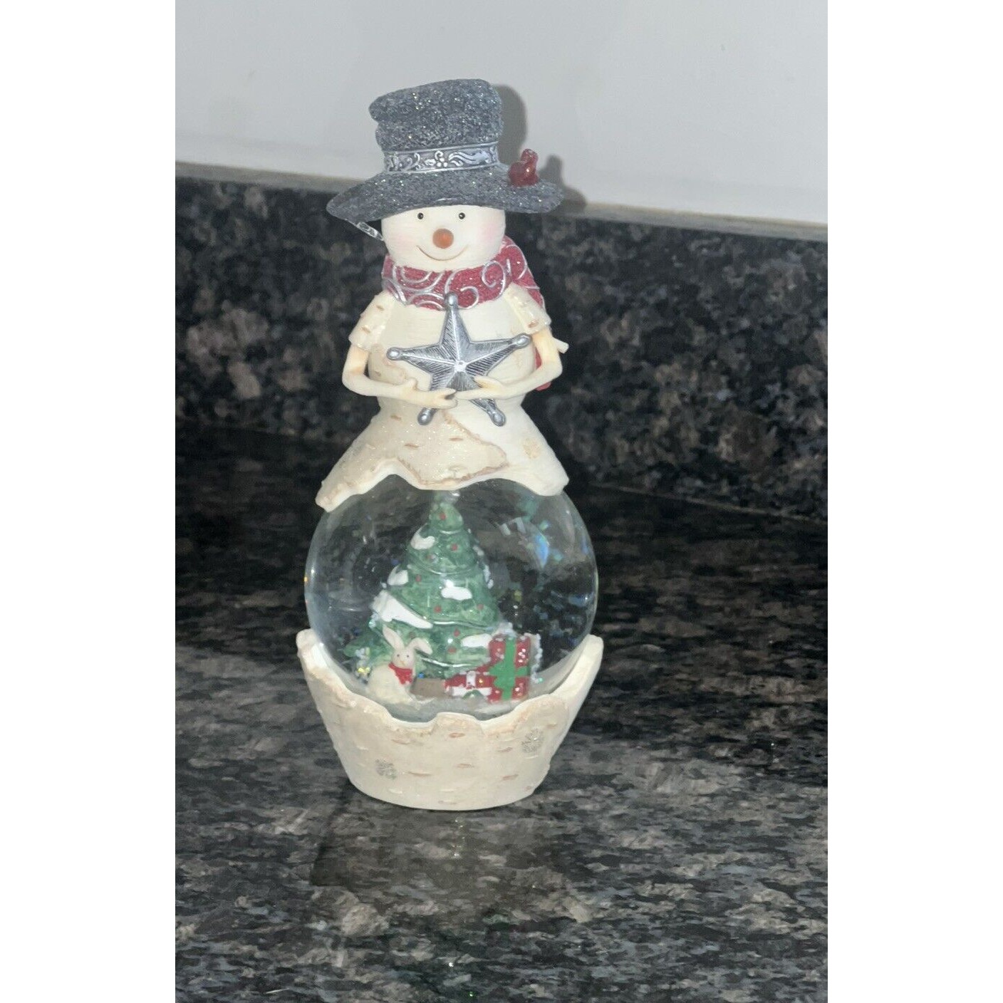 Birch Hearts Christmas Spirit Snowman Figurine with Water Globe Holding Star 8 H