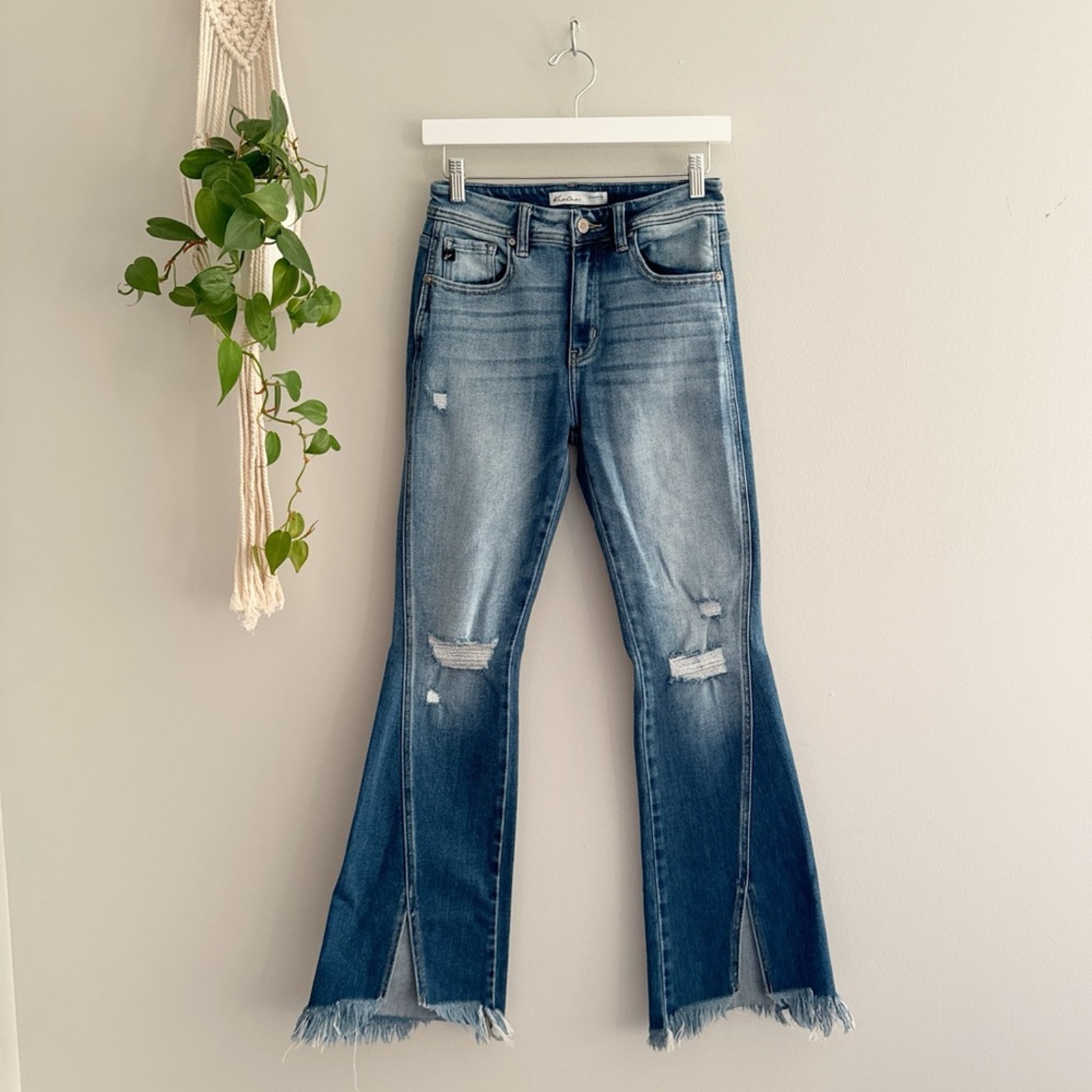 Kancan Medium Wash Flare High Rise Distressed Denim Jeans