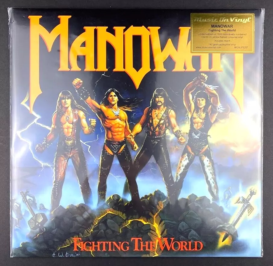 Manowar Fighting the World • Yellow Flame Colored vinyl record LP New SEALED