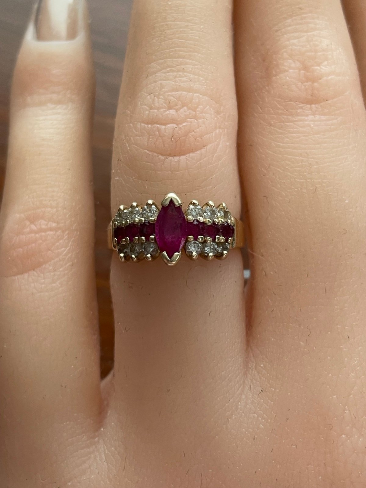 14k Yellow Gold Effy BH Marquise Cut Ruby & Diamond Ring Sz 4.75