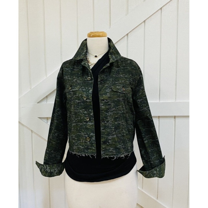 Rag & Bone S Cropped Green Camo Camouflage Jacket Raw Hem Fray Trucker Cotton