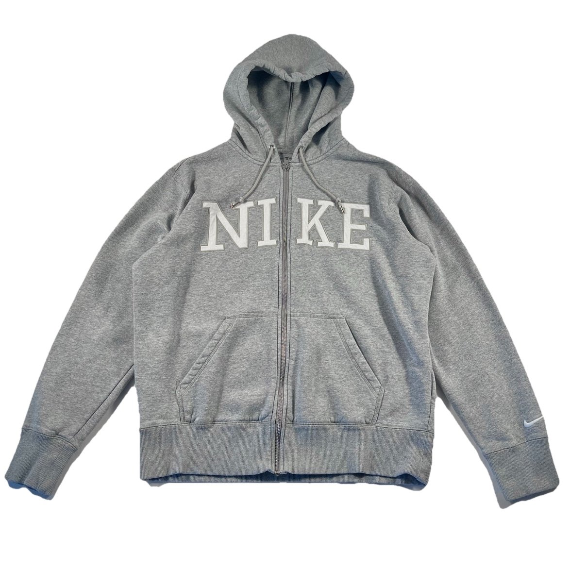 Nike Zip Spell Out Hoodie Gray White Logo size Large Swoosh Y2K 2000s