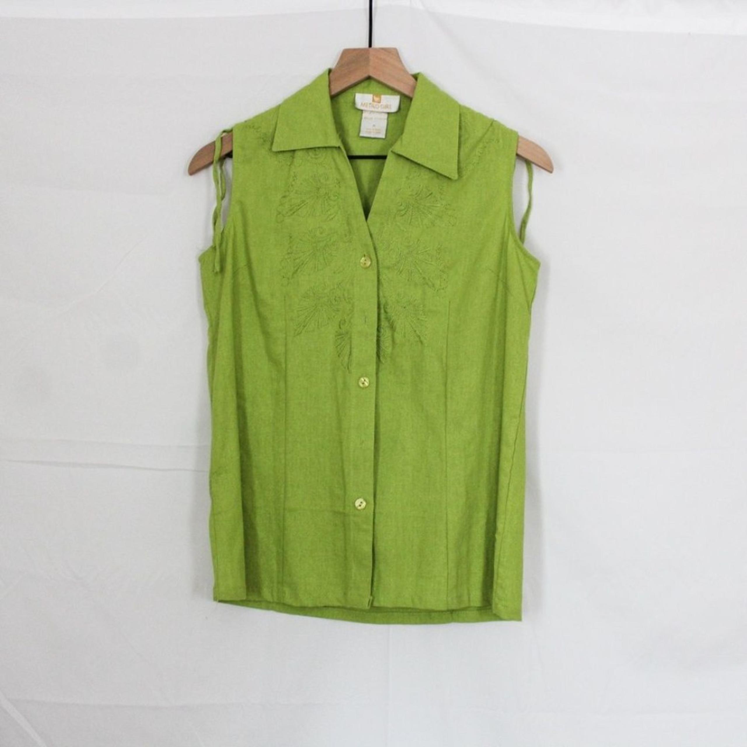 VTG Embroidered Linen Blend Sleeveless Blouse w Ties- Medium, Lime Green