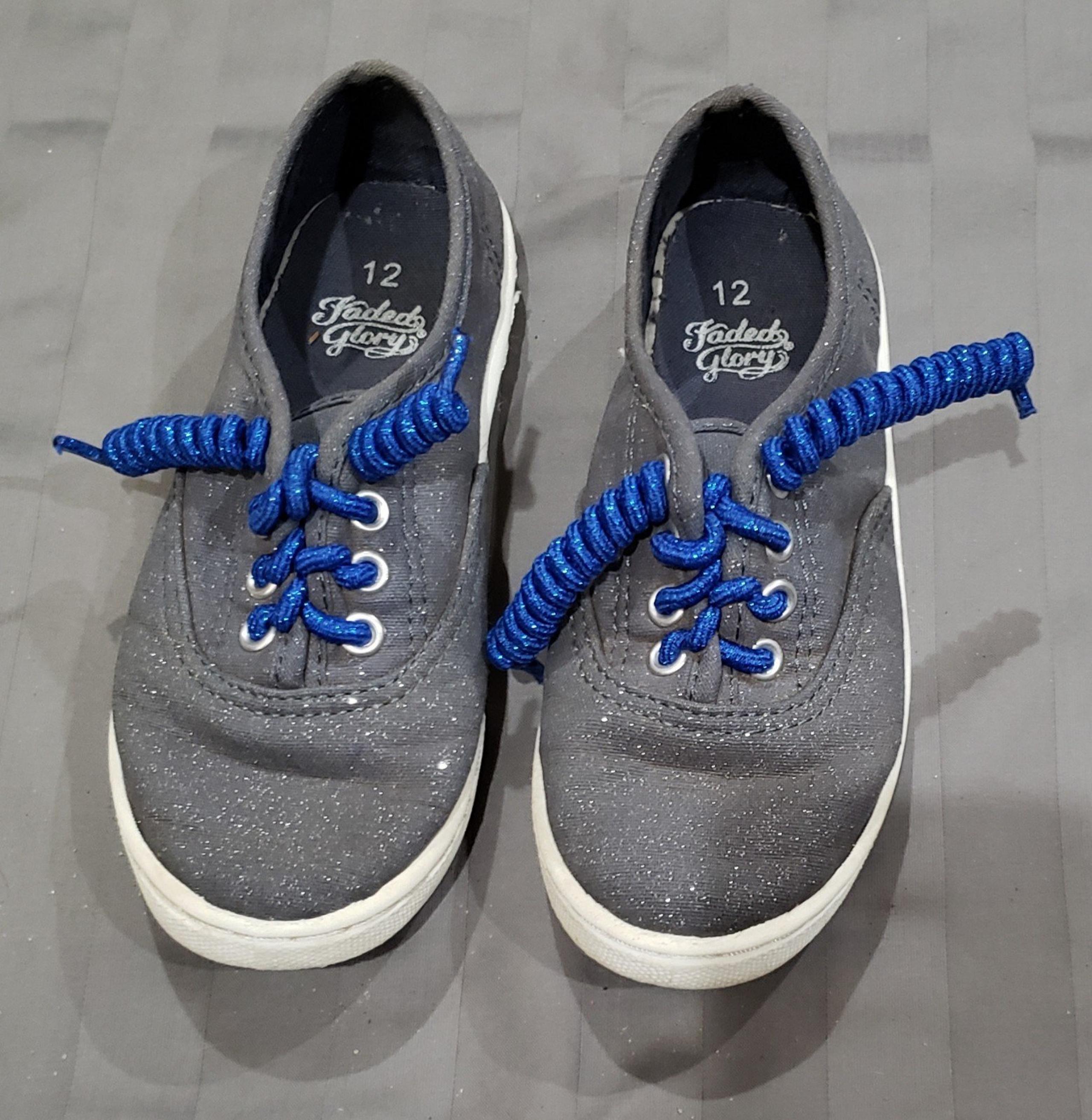 Faded Glory Sparkly Grey Sneakers Shoes* with Sparkly Blue Spiral Laces size 12