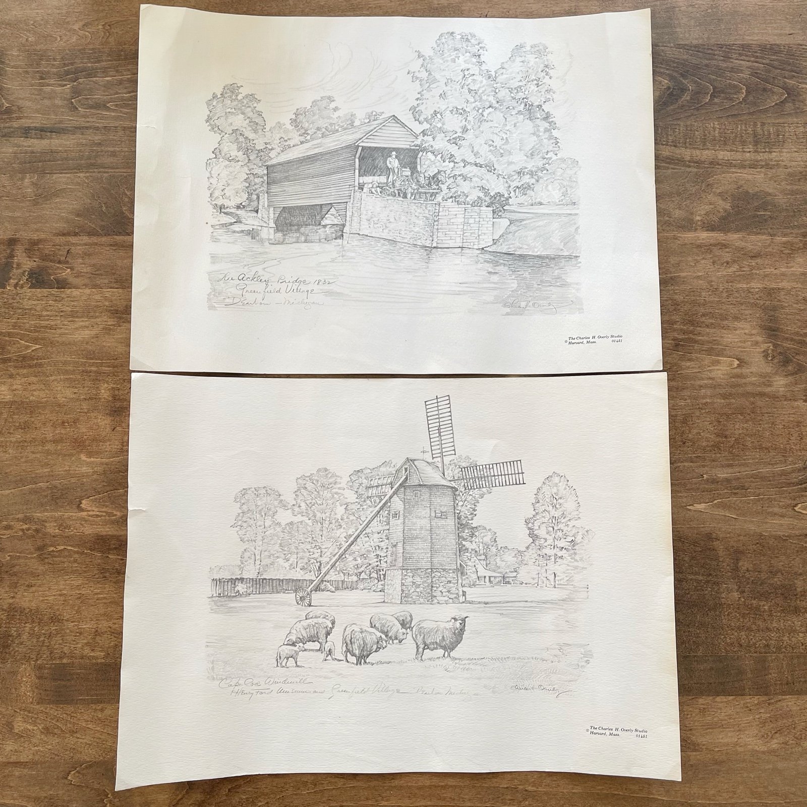 Vintage Charles H. Overly Signed Sketch 16” x 11.5” Ackley Bridge 1832 Cape Cod