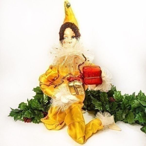 1950’s VTG Christmas Pixie Elf Doll Poseable Yellow Satin