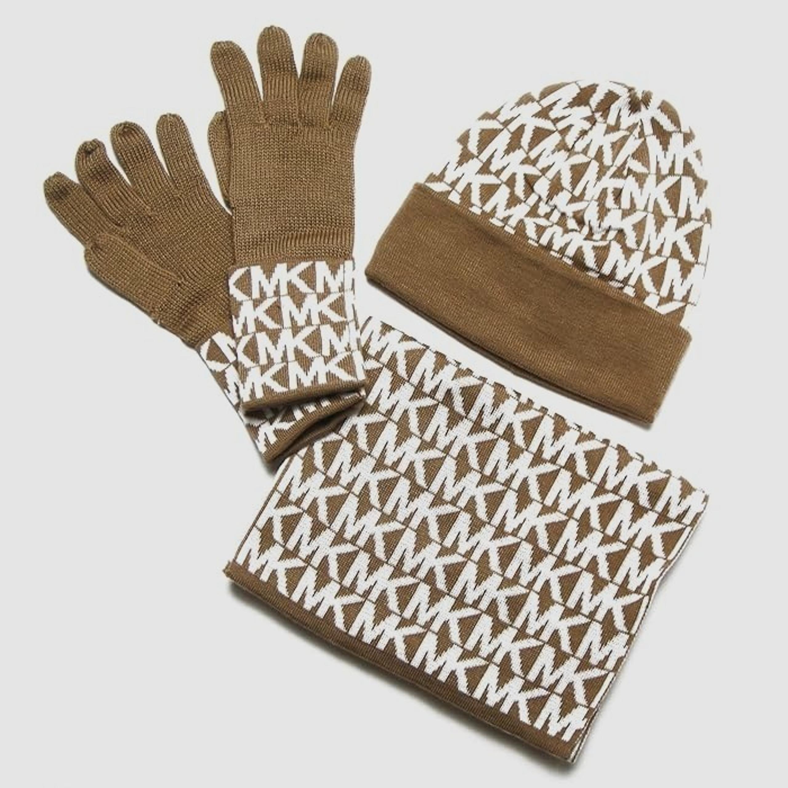 Michael Kors Women's 3 Piece Set Scarf Hat and Gloves Set Camel/Derby Grey