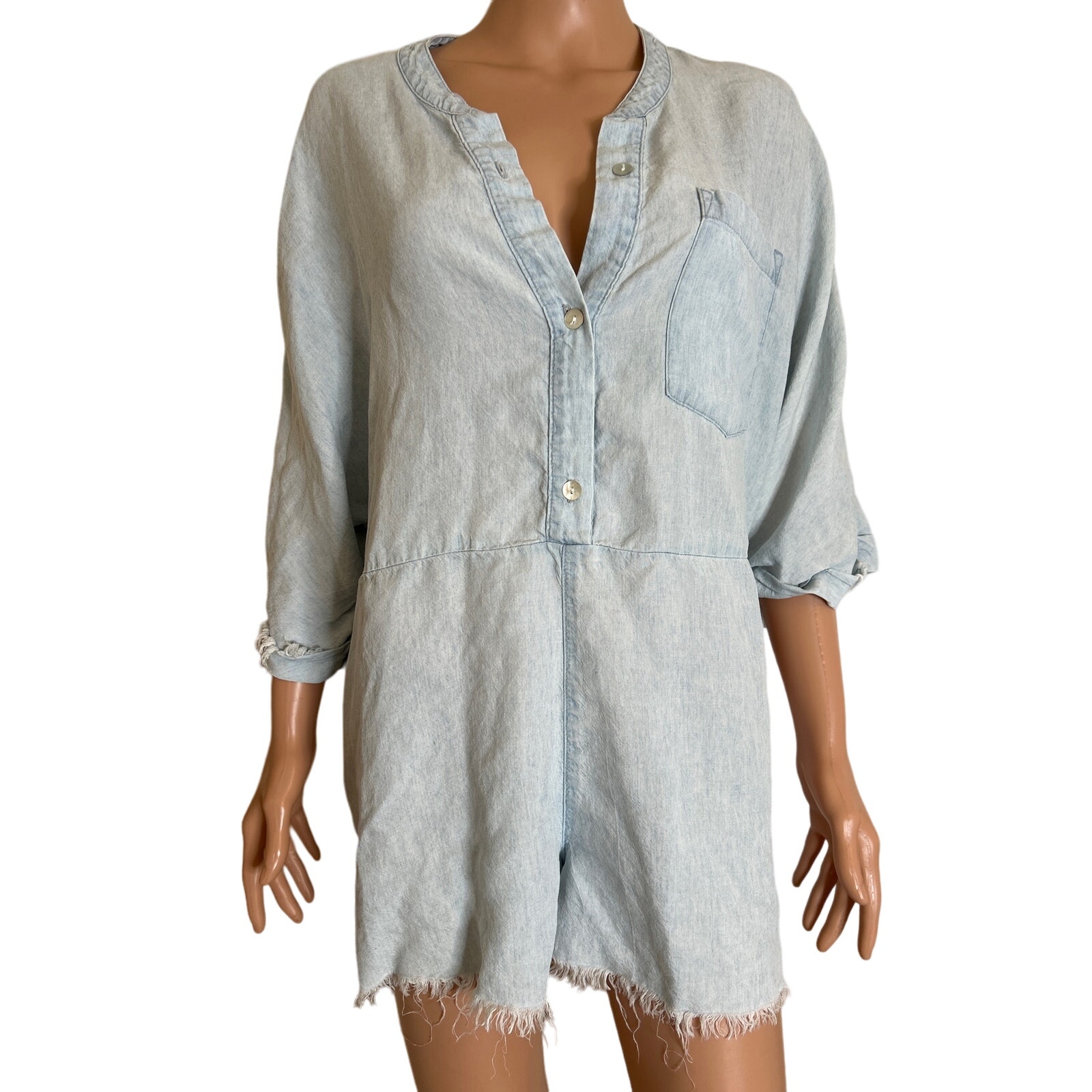 Show me your MuMu romper Chambray half button up rolled 3/4 sleeves SZ LG light