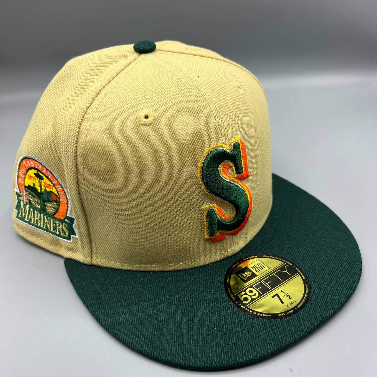 Seattle Mariners Hat Men 7 1/2 Beige Green 59Fifty New Era Fitted Cap
