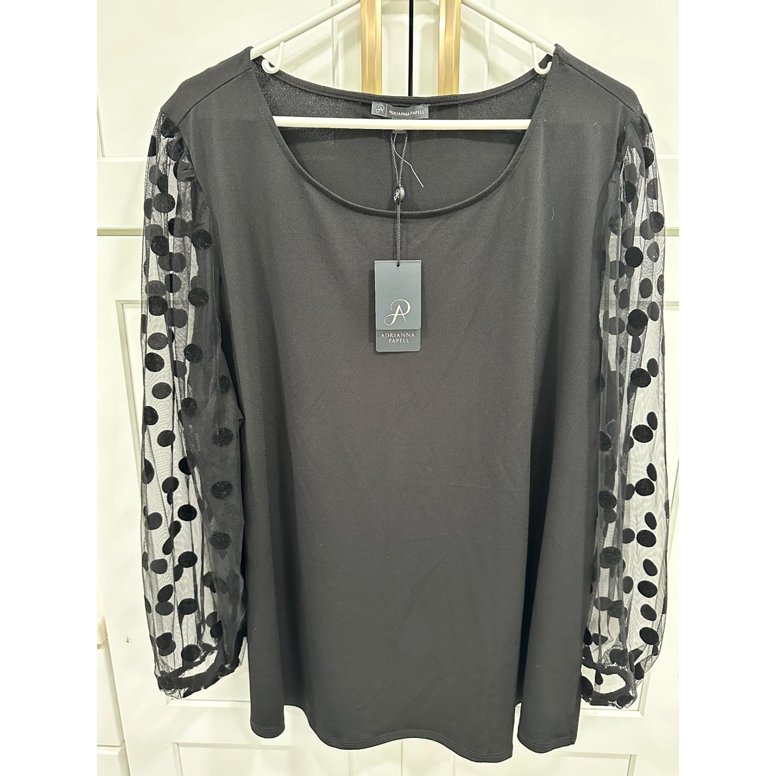 Adrianna Papell Blouse Polka Dot Sleeve Top Crew Neck Black 2X
