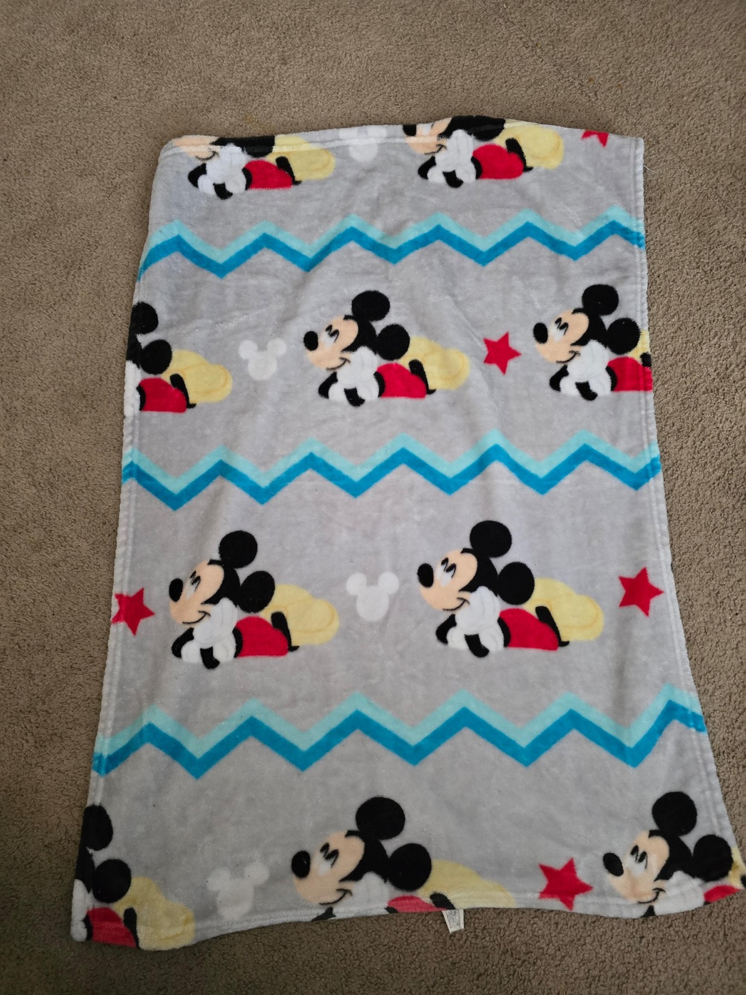 Disney Baby Grey Blue Aqua Mickey Mouse Chevron Stripe Zig Zag Blanket Stars