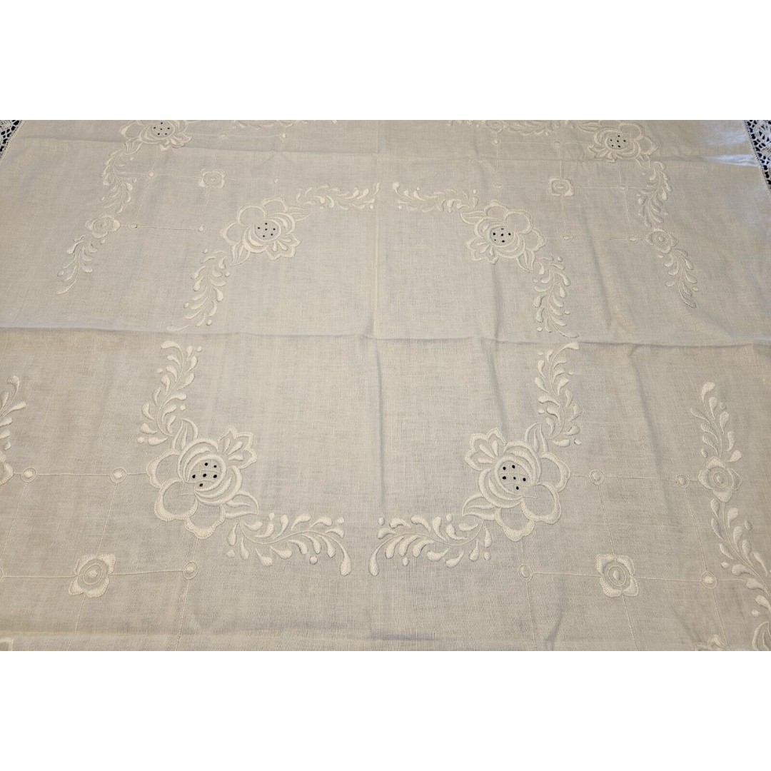 Vintage Handmade Embroidered Table Cloth 56 x 56 w/ Bobbin Lace Trim (read)