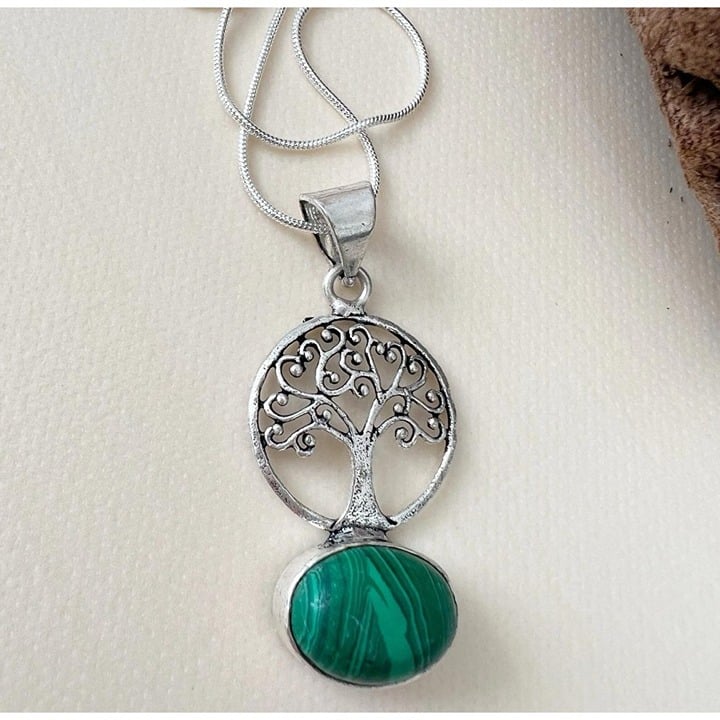 Malachite 925 Sterling Silver Tree of Life Necklace Pendant Womens Jewelry