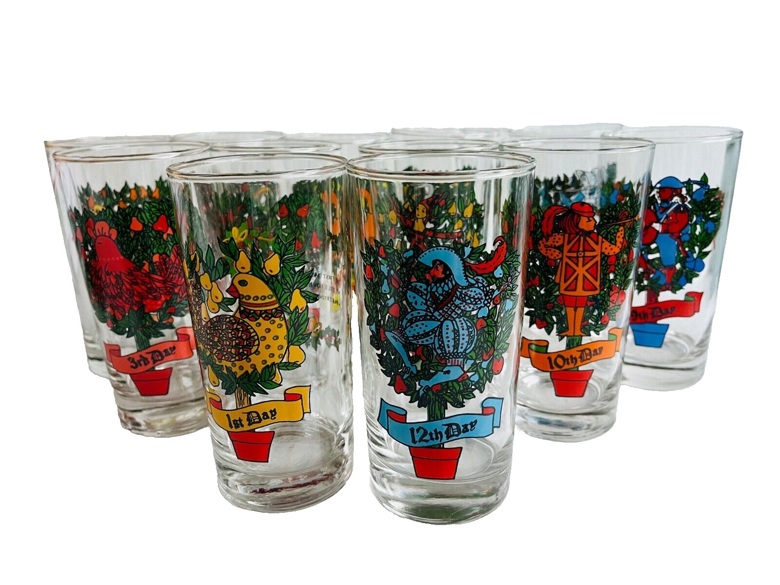 Vintage Anchor Hocking Set of 12 Days of Christmas Drinking Glasses 12 oz