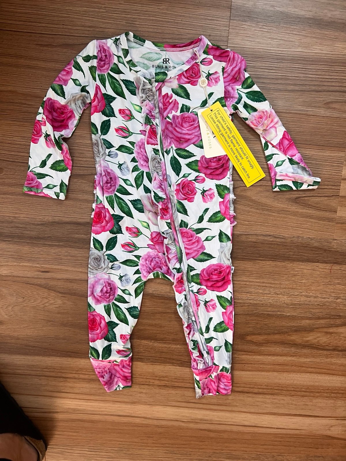 Bums & Roses bamboo romper zip up bright pink floral print, NWT, 2t