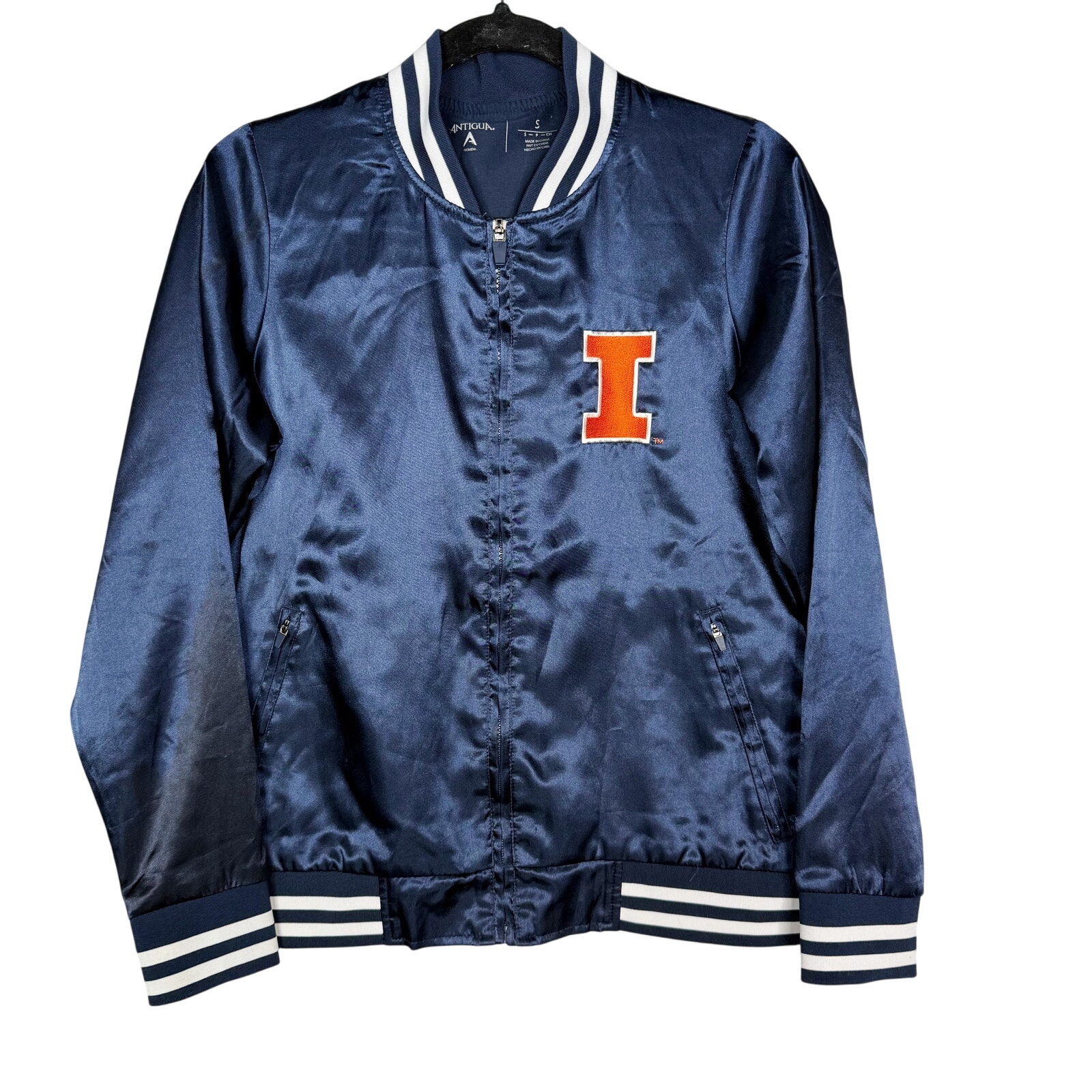 Antigua Adult Small Navy Blue Satin Illini University of Illinois Bomber Jacket