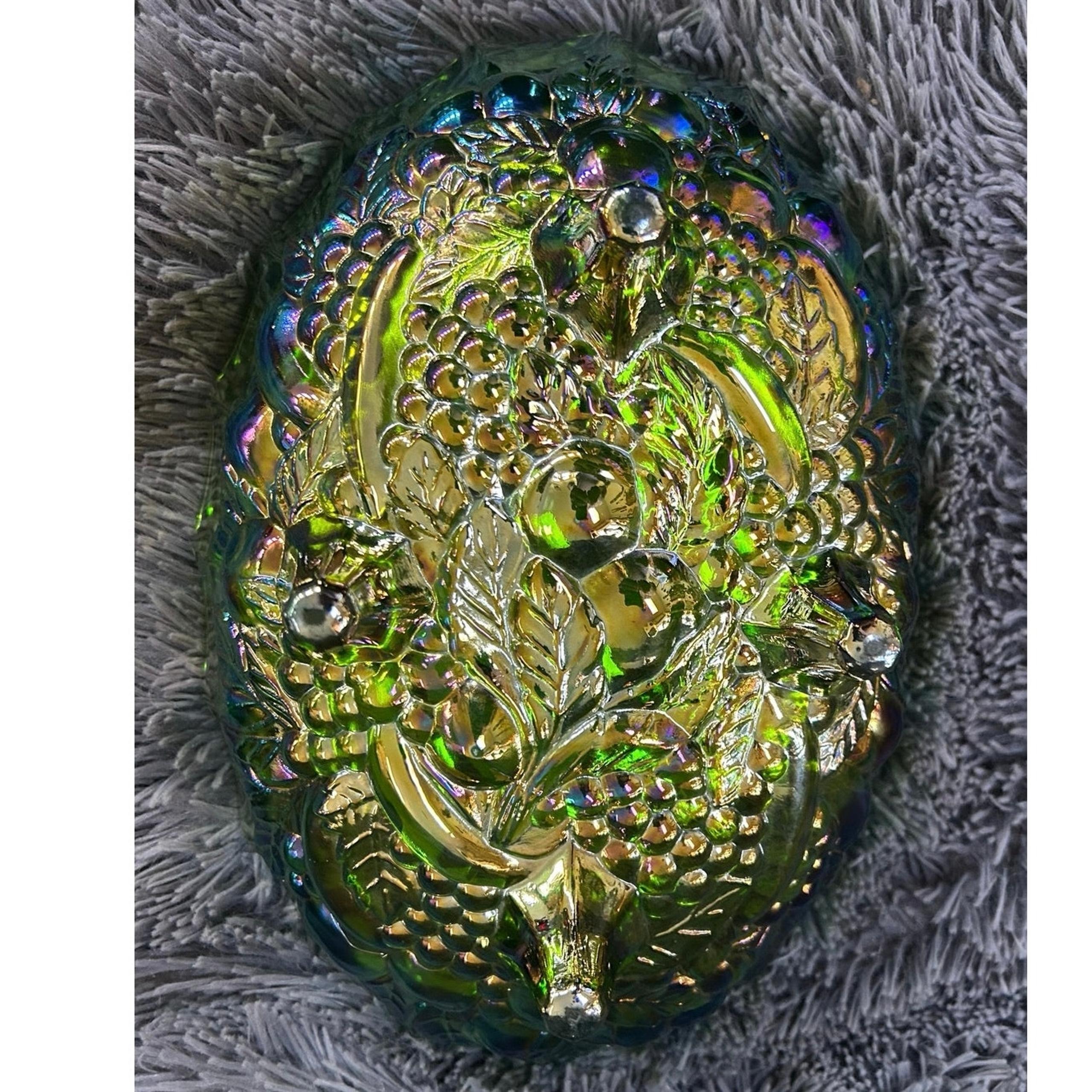 Iridescent Green Harvest Grape Fruit Bowl Indiana Glass Carnival Glass Vintage
