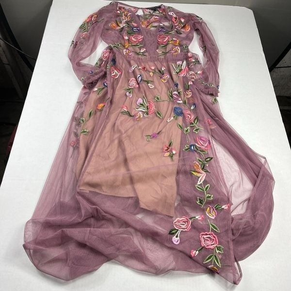 French Connection Sheer Maxi Dress Floral Embroidered Purple Flowy Size 10 FLAW