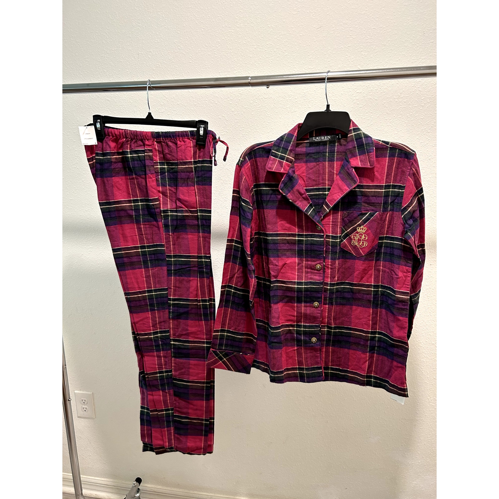 Lauren Ralph Lauren Women's Plaid Pajama Set - Dark Pink, Sz S 2-Piece Sleepwear