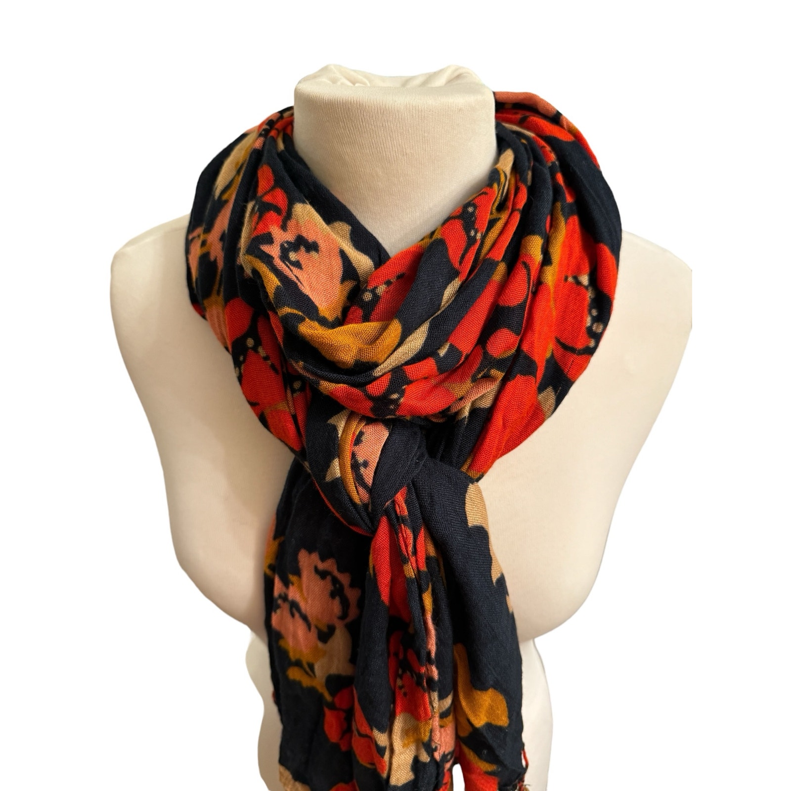 Spartina Long Navy Rectangular Scarf Red Pink Beige Tan FloralFringe 25”x80”
