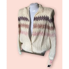 Vintage 80s WOMENS Cardigan Sweater zig zag stripe Cream S 2 4 NEW NWT